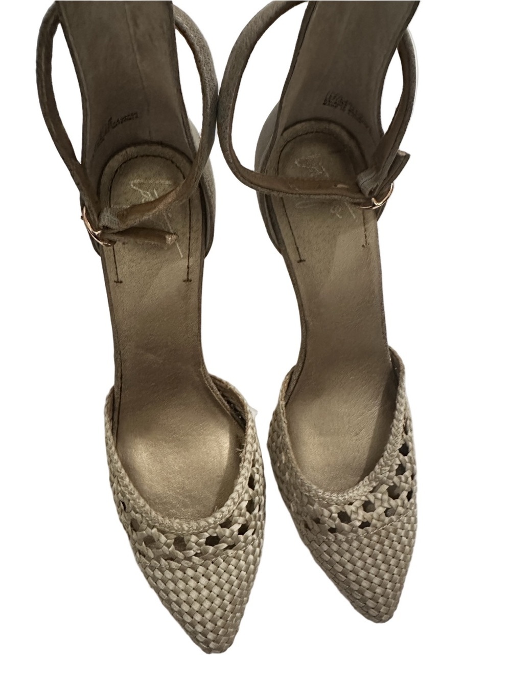 Latigo Woven Pointed-Toe Ankle-Strap Heels in Beige/Taupe Size 8.5
